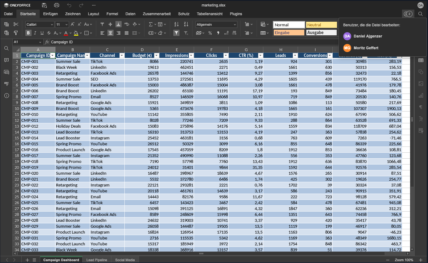 ONLYOFFICE spreadsheet editing in Quasaro collaboration workspace