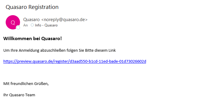 Beispiel einer Registrierungs-E-Mail